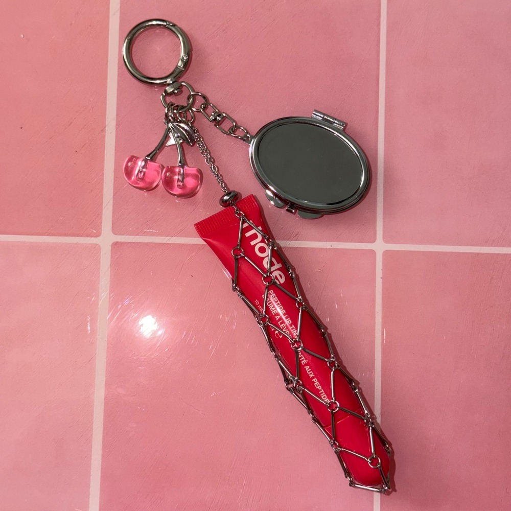 Lip Tint Charm Silver Keychain with Mirror and Pink Cherry Dangle
